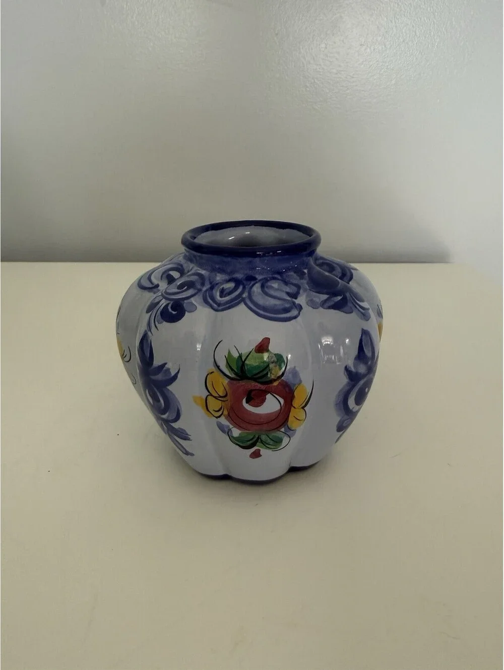 Vintage Small Hand Painted Ceramic Vase Blue w/ Floral Design Numbered Portugal